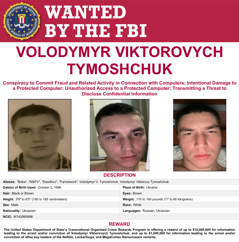 FBICyberBranch's tweet photo. Earlier today, Artem Aleksandrovych Stryzhak, 35, of Barcelona, Spain, was sentenced to nearly six years in prison. Stryzhak conspired with others to deploy the Nefilim ransomware against victim computer networks in the United States and other countries, causing significant damage to victim computer systems. 
 
The @FBI is seeking further information on co-conspirator Volodymyr Viktorovych Tymoshchuk. Currently, there is an award of up to $10,000,000 for information leading to the arrest and/or conviction of Volodymyr Viktorovych Tymoshchuk, and up to $1,000,000 for information leading to the arrest and/or conviction of other key leaders of the Nefilim, LockerGoga, and MegaCortex ransomware variants.
 
If you have any information concerning this person, please contact the FBI via WhatsApp or Signal (neither government-operated nor government-controlled platforms) at (917) 242-1407. You may also email TymoTips@fbi.gov, or contact your local FBI office or the nearest American embassy or consulate.

https://t.co/mNZbFnhJy4