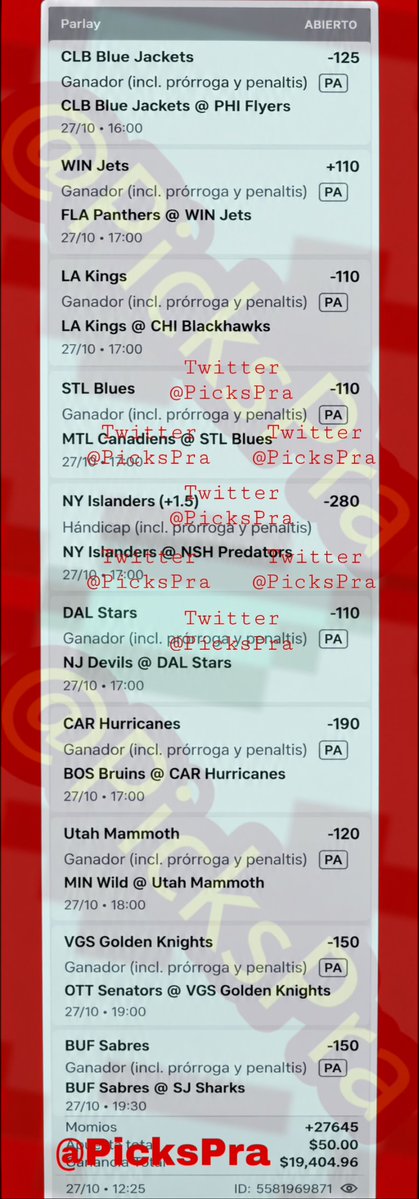 PicksPra's tweet photo. MEGA PARLAYSOTE +27645 💣 de Payaso Apostador 🤡 

Solo unos centavitos, es casi imposible que se dé

Apoyen con sus likes ♥️♥️ para seguirles subiendo más picks 🎁 https://t.co/YNyxdpAgC0