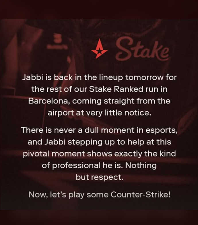 NartOutHere's tweet photo. ‼️ OFFICIAL: jabbi is BACK in Astralis lineup!

He will play the rest of Astralis matches at Stake Ranked Episode 5

The official announcement didn't mention who he will replace, but it's most likely going to be cmtry

Astralis VRS roster situation just keeps getting wilder by the hour 💀