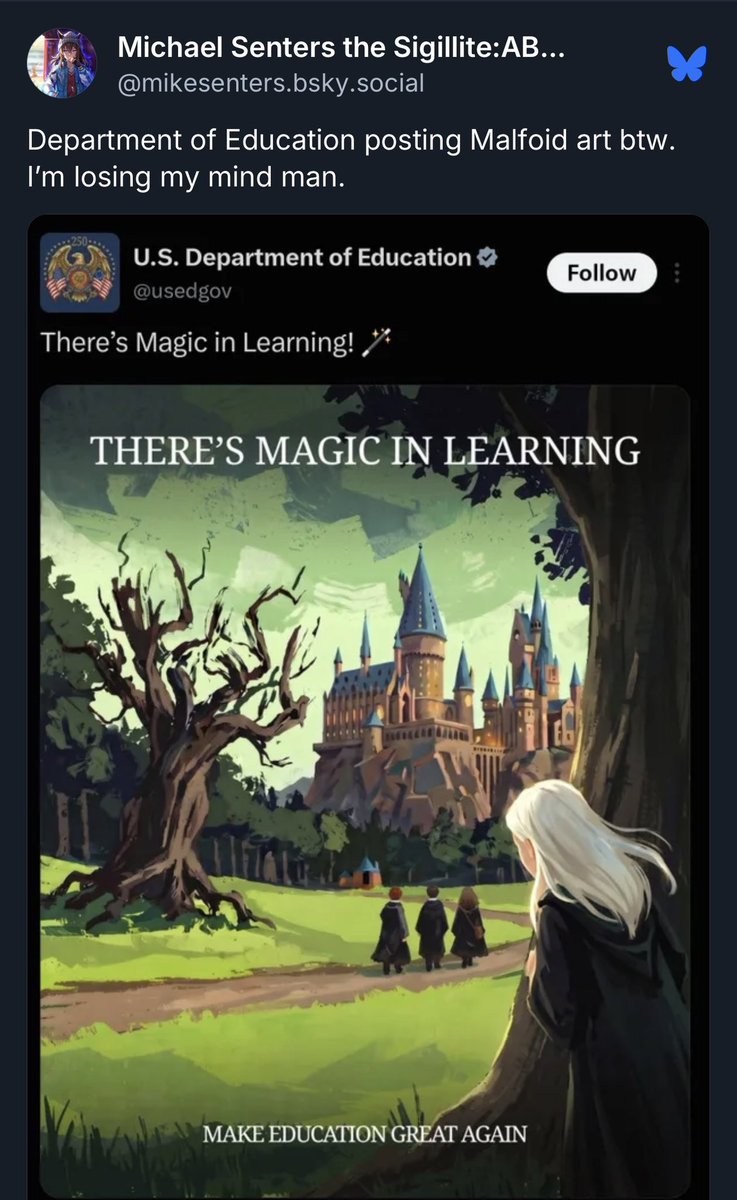 daevera's tweet photo. ‼️🚨 Bluesky is having another meltdown after the U.S. Department of Education posted about Malfoid. 🪄✨💚

#Malfoy #Malfoid #Yearning https://t.co/NBxWaW5xfj