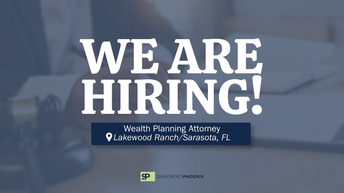 SandbergPhoenix's tweet photo. We’re hiring!📢 Sandberg Phoenix is seeking an experienced Estate Planning Attorney for our Sarasota or Lakewood Ranch, FL, office. An ideal candidate will have 3–5 years of experience. 
Explore the opportunity: https://t.co/ccV1pDXVTy #Hiring #LegalCareers #FloridaLawFirm https://t.co/gJ7qA807tV