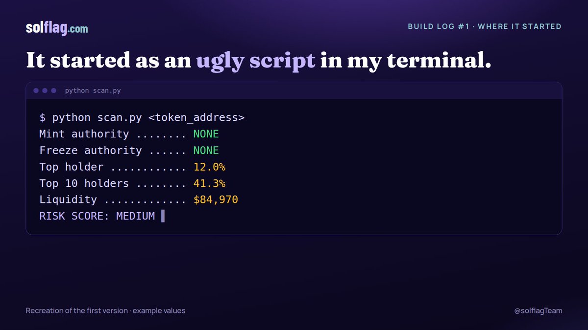 solflagTeam's tweet photo. Good morning ☀️

Today I want to tell you how SolFlag started, and where it's going.

Before it had a name, a logo or a website, it was a messy Python script on my computer.

I'm a crypto investor. I spend my days on charts, support zones and trends. And I kept running into the same problem with Solana tokens: the chart looks great, and it tells you nothing about what's underneath.

Can the creator still print more supply? Do five wallets hold almost everything? Is there enough liquidity to actually get out? A candle can't answer any of that.

So I thought: why not build the thing I wish I had?

It's a hobby I do on my own, with a lot of trial and error. The first version had no design at all. You pasted a token address into the terminal and it printed text. It was ugly. But the first time it flagged something I would have missed by eye, I knew I had to keep going.

Today it's a free scanner with 5 flags, a Telegram bot for alerts, and an open-source engine anyone can check.

And where are we going? I want to keep teaching it to see what you can't see at a glance: who is behind each token, what else they launched, and how that went. The more we learn about the creators, the more useful it gets.

I'll tell the whole story here, chapter by chapter, with real scans and the mistakes included.

If you want to follow along, this is chapter 1. Tomorrow I'll tell you what that first version actually checked.

What would you want SolFlag to catch next?

#Solana #BuildInPublic #Crypto