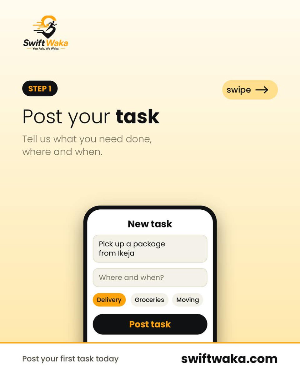 Swiftwaka's tweet photo. Need something done? Post it, pick a provider, and track it live

Here’s your first task on Swift Waka, step by step

1️⃣ Post your task: tell us what you need, where and when
2️⃣ Choose fixed price or bids
3️⃣ Pick a provider and chat in the app
4️⃣ Track progress live
5️⃣ Done 

👇 https://t.co/4SDI0Li2GX
