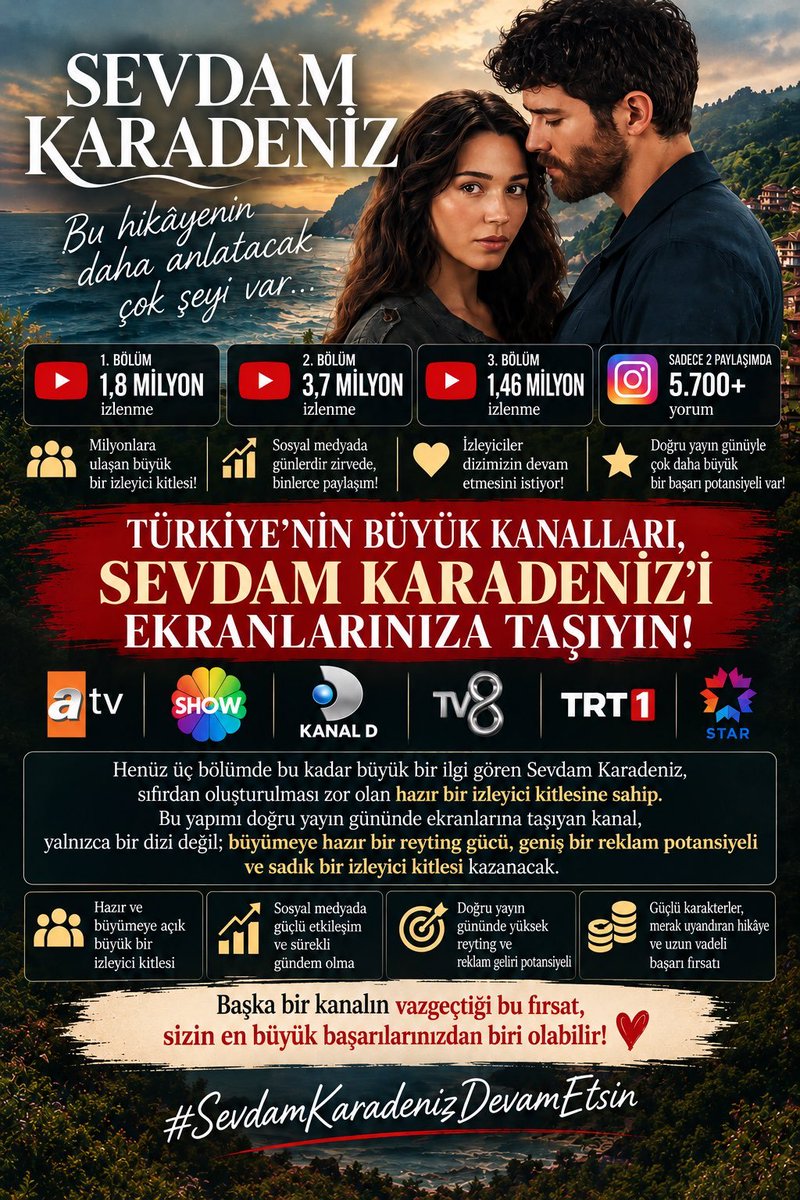 sevdamzeykuz's tweet photo. Hepimiz bu görseli paylaşarak ATV, Show TV, Kanal D, TV8, Star TV ve TRT 1’i etiketleyelim. Hazır izleyici kitlesi olan Sevdam Karadeniz’i ekranlarına taşımalarını isteyelim!

#SevdamKaradenizDevamEtsin
@atvcomtr @KanalD @startv @trt1 @tv8 @acunilicali @ShowTV https://t.co/Gv2DjfZC9d