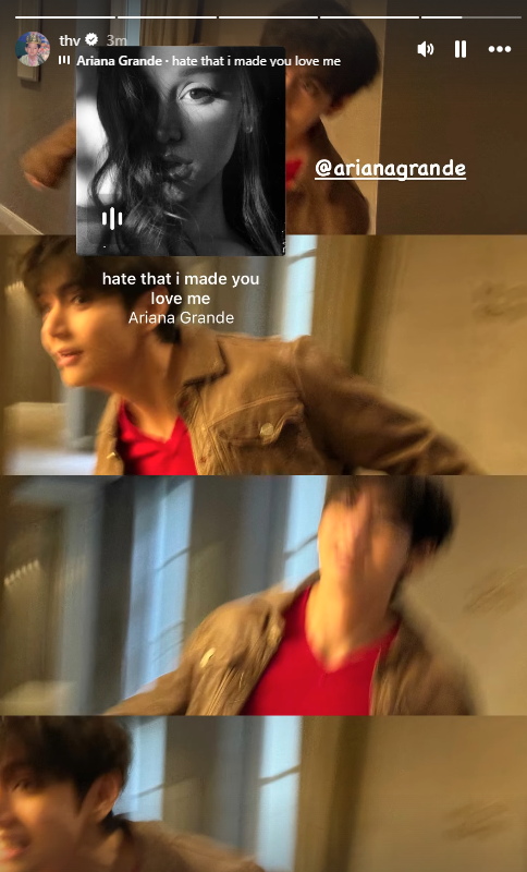 AboutMusicYT's tweet photo. Taehyung of BTS shares Hate That I Made You Love Me by Ariana Grande on his story. https://t.co/rr94QyCvym