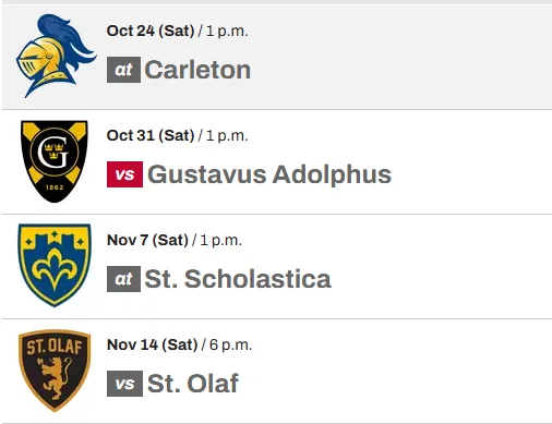 SickosCommittee's tweet photo. You know you're in Minnesota D3 football when your schedule looks like a Medieval Times roster. https://t.co/jhDt4plUc9