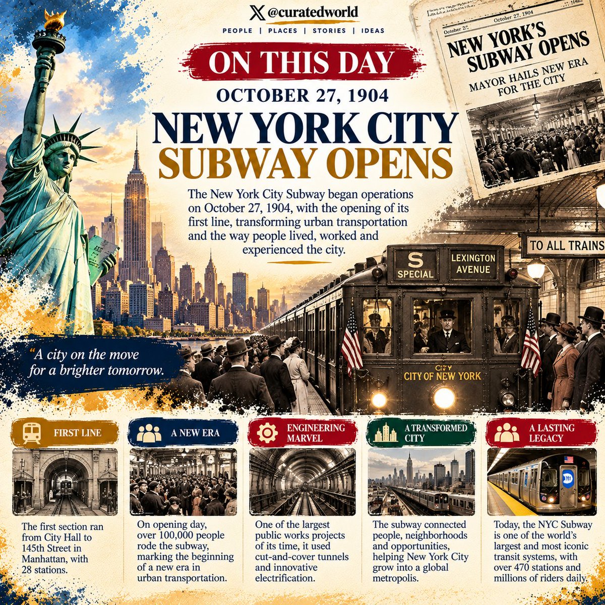 Curated_World's tweet photo. 🚇 On This Day | October 27, 1904

New York City’s subway began operations, transforming how millions would move through the city.

#NewYork #USA https://t.co/xpcp6Thl1Y