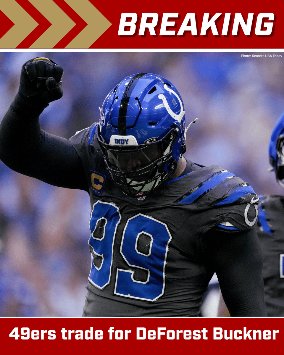KNBR's tweet photo. Deforest Buckner is coming home!! The Niners acquire Buckner from the Colts for a 2027 fourth round pick. 

Per Tom Pelissero. https://t.co/Ky7OjaM3lQ
