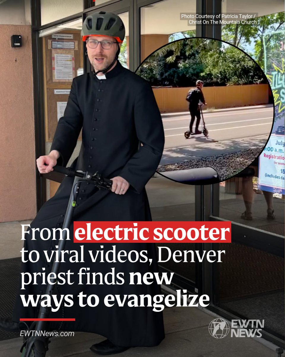 EWTNews's tweet photo. When Father Witold Kaczmarzyk arrived at Christ on the Mountain Parish in Lakewood, Colorado, earlier this year, he inherited a parish unknown by many in the Denver Archdiocese and arrived with a mission from his archbishop: to breathe new life into the community.

Kaczmarzyk’s solution involved an electric scooter, a little comedy, and a willingness to step outside his comfort zone by using social media — all in the hope of helping more people encounter Jesus Christ.

Born and raised in Ostrow Wielkopolski, Poland, Kaczmarzyk lived there with his parents and younger brother until he was 25, after which he moved to the United States to attend seminary.

He remembers first thinking about becoming a priest at the age of 6. However, as he grew up, he realized that being a priest meant sacrificing having a family. After high school, he went to college in Warsaw and planned to become a nuclear physicist.

“I went to like a Polish MIT [Massachusetts Institute of Technology] in Warsaw. And thatʼs actually what I called my Damascus — like Paul riding to Damascus, I was riding on a train to Warsaw to pursue my dreams and thatʼs when God caught me,” he told EWTN News.

When he arrived at the university, Kaczmarzyk met several people who began to encourage him to pray, read the Bible, and get more involved in his faith.

“Slowly this desire since childhood came back to the surface level,” he said. “And I kind of felt weird because my love for physics, for science, was going down, and then my love for God was increasing day by day.”

After six months, Kaczmarzyk dropped out of college and entered the seminary. Originally, he felt called to become a missionary priest, with the desire “to be like the apostles.”

“I didn’t want to be just the boring priest of a parish in Poland. Thatʼs not me. I wanted to go into Africa, Asia, other cultures, languages, [and] dangers,” he said. “I told my parents I want to become a missionary… Well, my parents thought I was crazy. Even my dad was like, ‘You might get killed,’ and Iʼm like, ‘Thatʼs even better. I will be a martyr, that’s an express path to heaven, sign me up.’”

Kaczmarzyk’s new tenure at Christ on the Mountain Parish is his first as a pastor. He had previously been a parochial vicar at several other parishes in the archdiocese. When he received the assignment from Archbishop Samuel Aquila, former archbishop of Denver, he was told to help get people back into the Church and on fire for Christ.

Read more: https://t.co/7rM2Drwjjg