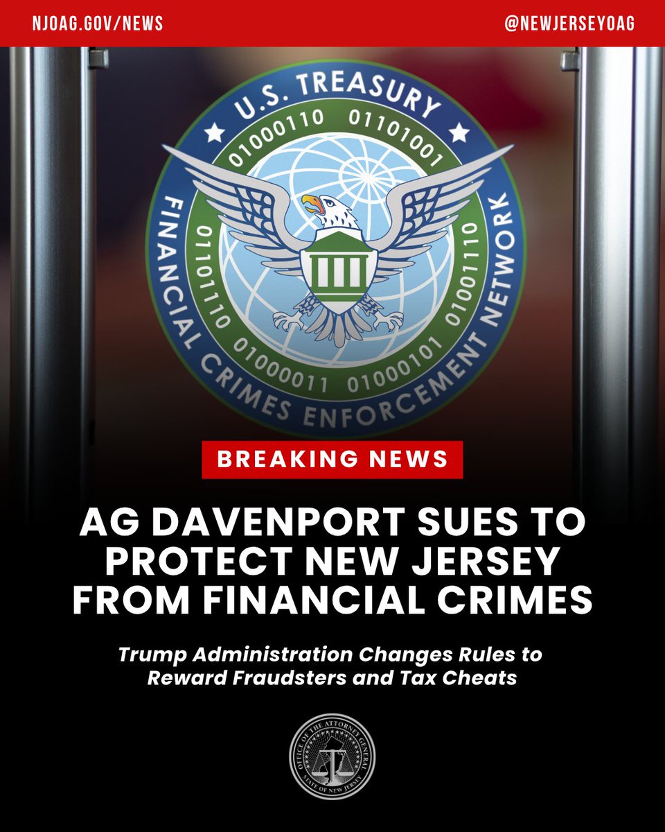 NewJerseyOAG's tweet photo. The Trump Admin is trying to gut a bipartisan law that stops money launderers, drug cartels, and other criminals from hiding corruption and crime behind anonymous shell companies. We’re suing to keep the law in place so law enforcement can effectively fight corruption. https://t.co/r4KVW7CPL0