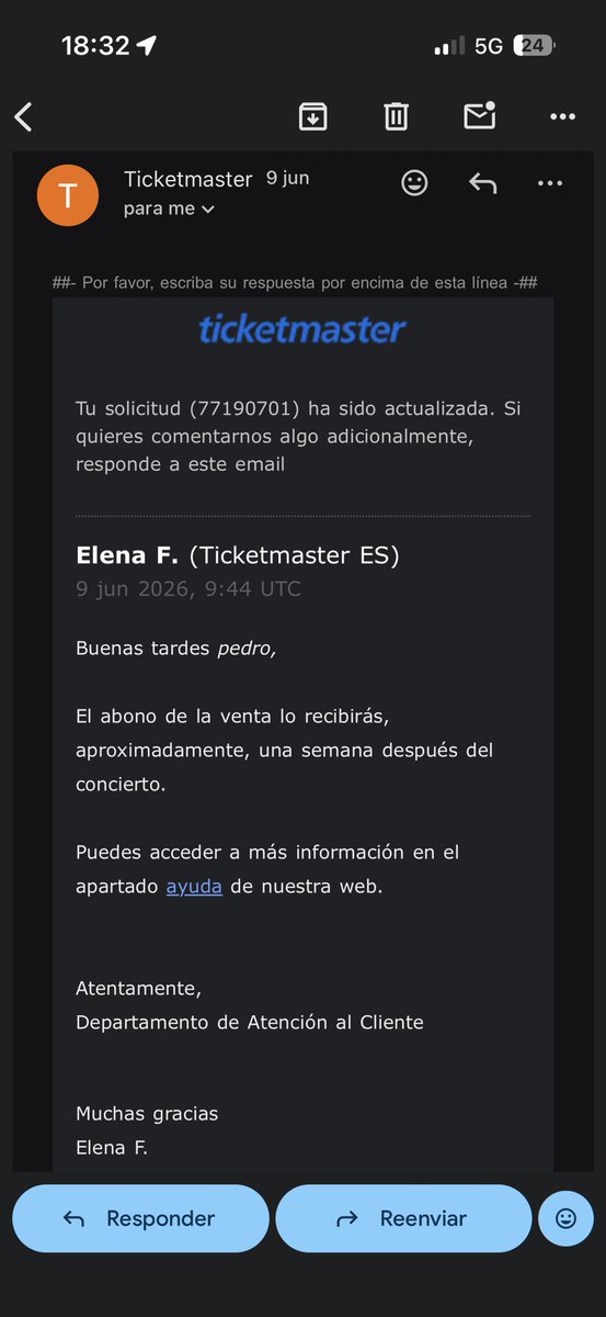 pjmd9000's tweet photo. @TicketmasterES  DENUNCIA PUBLICA: solicito reembolso de mi dinero por la no asistencia al concierto, yo previamente consulté sobre el hecho de no poder asistir al concierto y me dijeron que sería reembolsado una vez finalizara el concierto, con exactitud una semana después https://t.co/h5pID4tVx6
