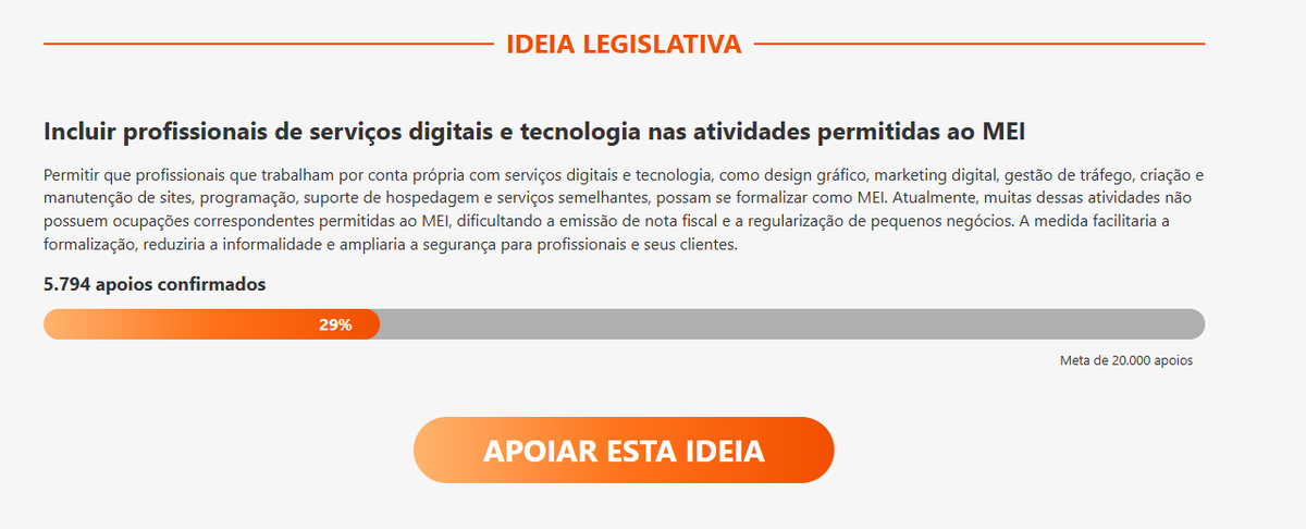 Zackavg's tweet photo. Amigos designers!

Existe uma proposta no Senado para permitir que profissionais de design gráfico, web design, marketing digital, programação e outras áreas digitais também possam ser MEI.

📢 A meta é conseguir 20 mil apoios até 5 de fevereiro de 2027 para que a ideia seja encaminhada à análise do Senado.
 https://t.co/ZKeT485Gu3

Compartilhe!
