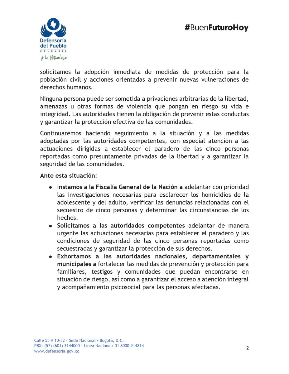 DefensoriaCol's tweet photo. Urge una respuesta institucional inmediata ante los recientes hechos registrados en Ataco, Tolima, donde se reportaron los homicidios de una adolescente de 16 años y de un adulto, así como las denuncias de familiares y habitantes de la zona sobre el presunto secuestro de cinco personas, cuyo paradero y condiciones de seguridad aún deben ser verificados.

La necesidad de fortalecer las medidas de prevención y protección cobra especial importancia frente a los riesgos que hemos señalado en este territorio. En Ataco está activa la Alerta Temprana 016 de 2022, que había advertido sobre la disputa territorial entre las disidencias del llamado “EMC” y la “Segunda MMarquetalia.

Solicitamos la adopción de medidas de protección para la población civil y acciones orientadas a prevenir nuevas vulneraciones de los derechos humanos.

Leer pronunciamiento aquí 👇🏽