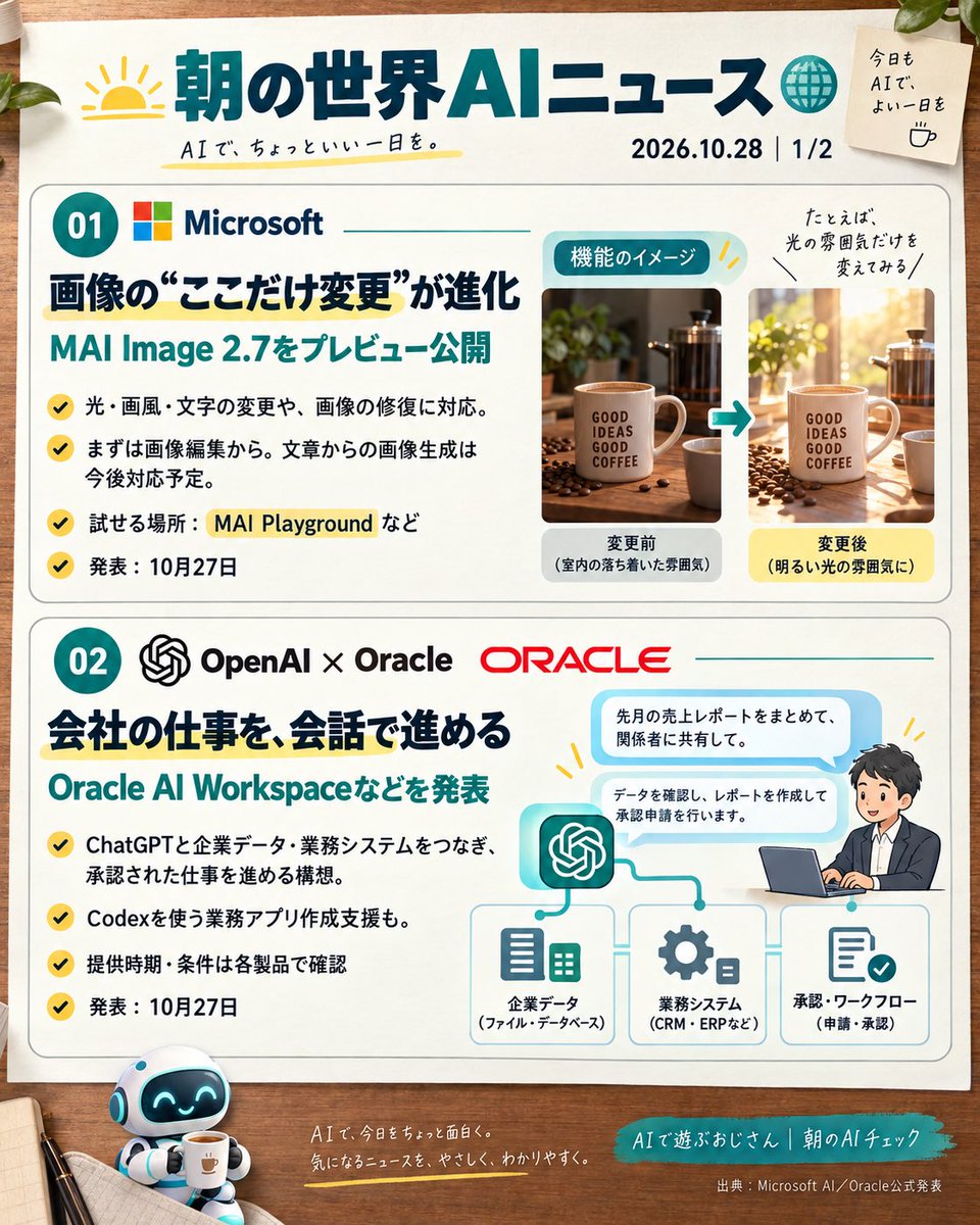 AIAI_ceo's tweet photo. おはようございます☀️
今朝の世界AIニュース！

🤖 GPT-6.1 Terra：画面理解とPC操作が進化
🎨 Microsoft：新しい画像編集AIを公開
💼 OpenAI×Oracle：企業の業務連携を発表
🔐 IBM：AIの権限・行動を管理
🏗️ Meta：大型資金調達を計画

気になる話題を画像3枚にまとめました👇

#AIニュース #生成AI https://t.co/bCYDEGX7Gk