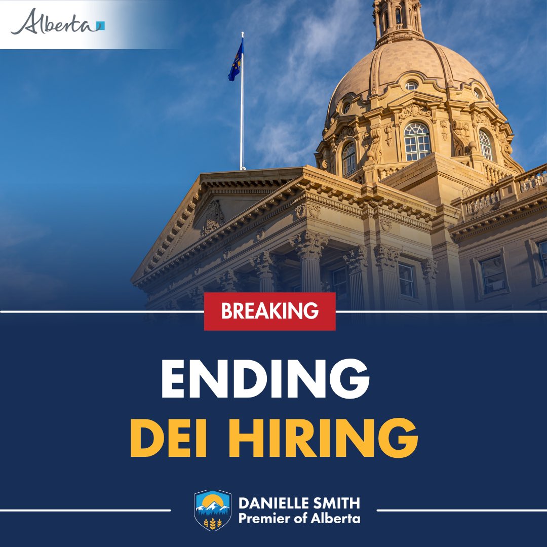 ABDanielleSmith's tweet photo. The best person for the job should get the job. Period.

Today we tabled legislation that would ensure hiring and promotion decisions in the public sector are based on merit, not DEI policies. Mandatory workplace training will be relevant to the roles and responsibilities of the employee, instead of mandatory DEI sessions.

Every Albertan deserves a fair shot, and fairness means everyone competes on the same terms.