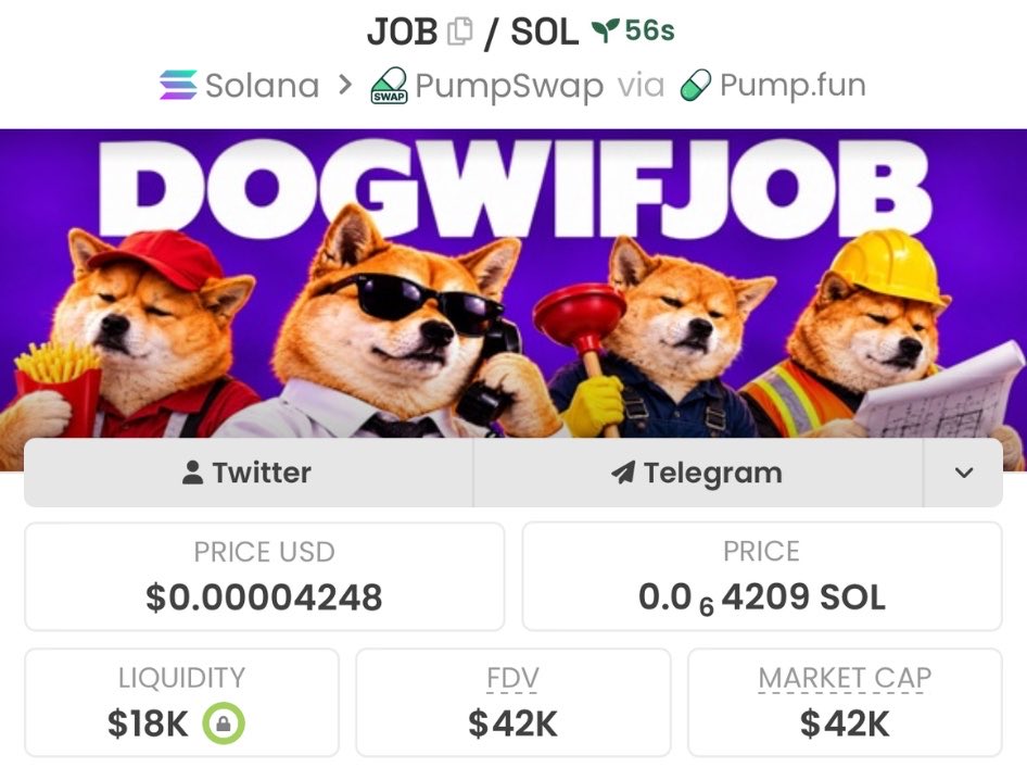 Secithrust's tweet photo. Aped into $JOB with the whale room at $42k market cap.

Ca:
9Pq7aLAbhDG2tTnS22cm6kuysZVcZpLFE368HWuypump https://t.co/Ka9rpLakfn