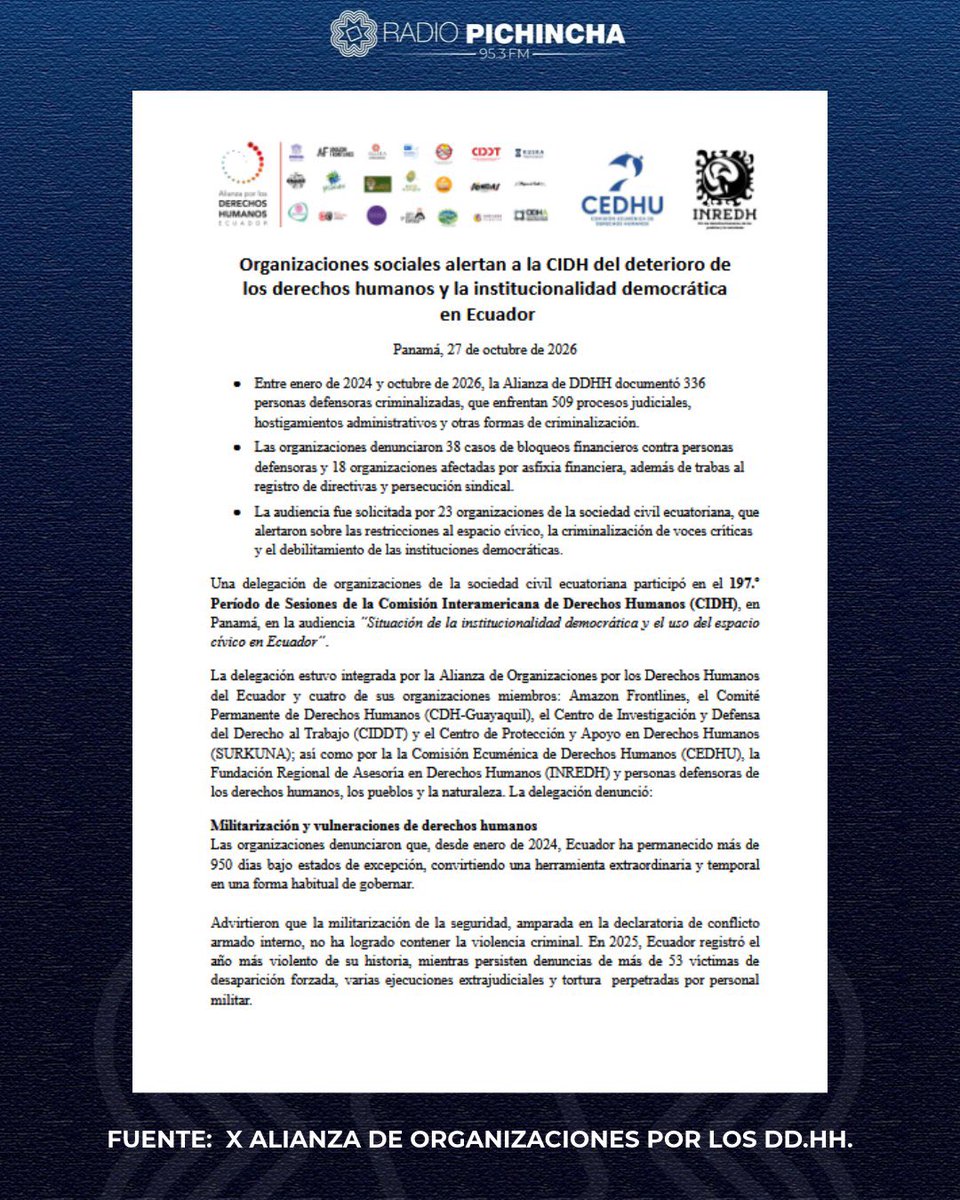 radio_pichincha's tweet photo. ⭕️ #ATENCIÓN | Organizaciones de derechos humanos alertaron ante la @CIDH sobre el deterioro de la institucionalidad democrática en Ecuador. La @DDHH_Alianza documentó 336 personas defensoras criminalizadas y 509 procesos judiciales entre enero de 2024 y octubre de 2026. También denunció bloqueos financieros, persecución sindical y restricciones a la prensa y la protesta social. Las organizaciones solicitaron una visita in loco de la CIDH al país y la elaboración de un informe sobre la situación de los derechos humanos.
#LaRadioDeLasNoticias