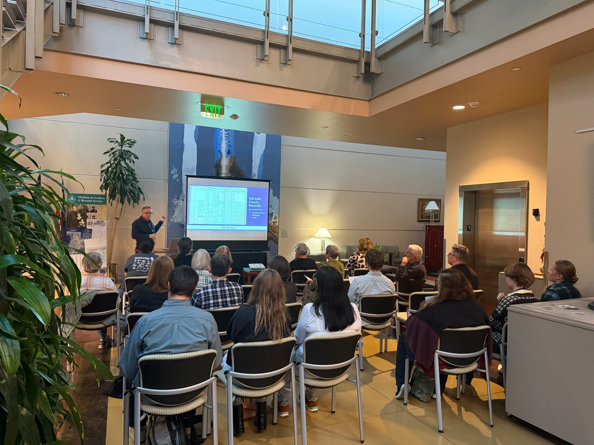 UtahGovOps's tweet photo. Big turnout for @UtahArchives After Hours! 🏛️

20 guests joined us for Alan’s historic building research lecture, a tour, and hands-on record exploration.

Huge thanks to Alan for hosting, Val &amp; Katie for guest logistics and teardown, and Lauren for teaming up with @PresUtah 👏 https://t.co/jMGnQhYurO
