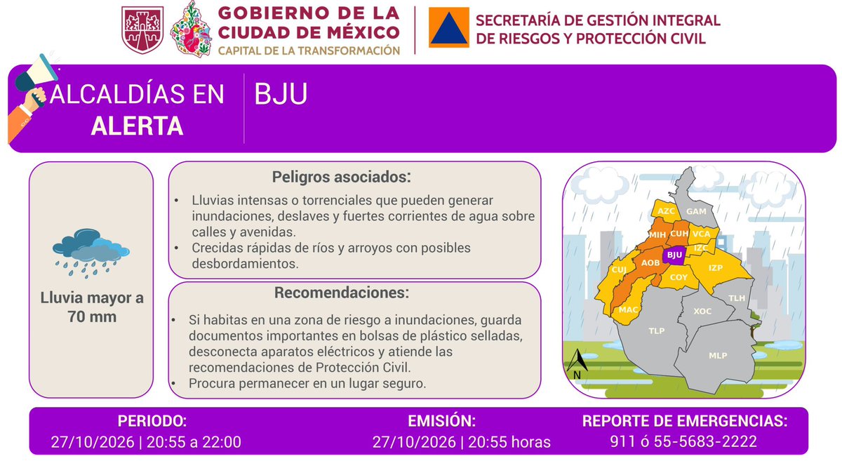 Liz_SalgadoV's tweet photo. Se activa #AlertaPúrpura por lluvias fuertes en la @BJAlcaldia. Tomen sus precauciones y sigan las indicaciones de las autoridades. https://t.co/sX7mG2nzVc