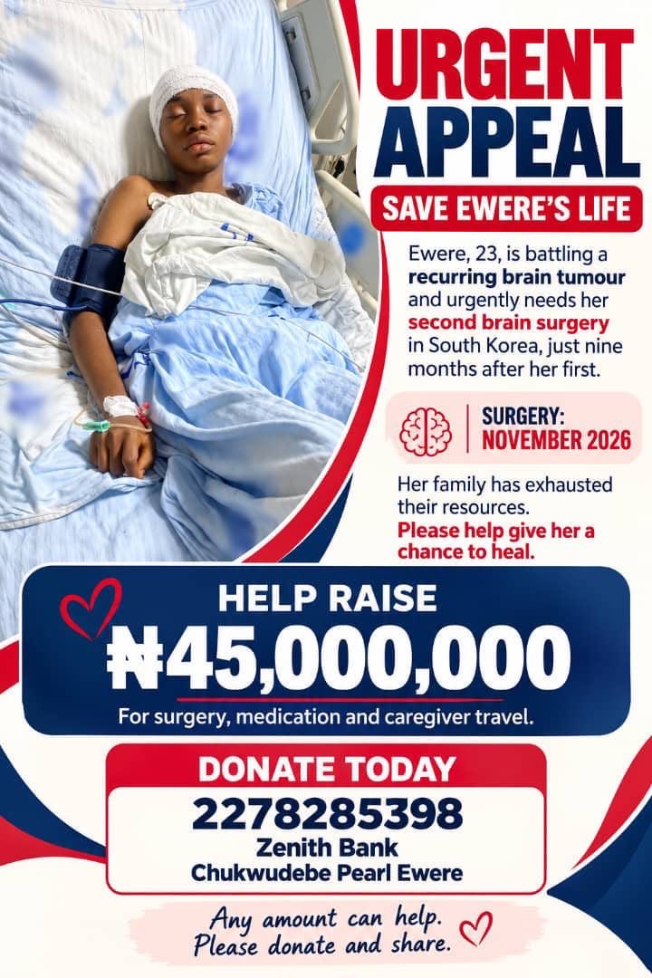 damola_A's tweet photo. Ewere is in agonizing pain right now and she needs urgent care.

We still have a long way to go.
Please let’s keep sharing, let’s keep donating🙏

https://t.co/USq7evnpTX…

Every donation and every share helps Ewere gets the surgery she needs. https://t.co/q5IEsfErw2