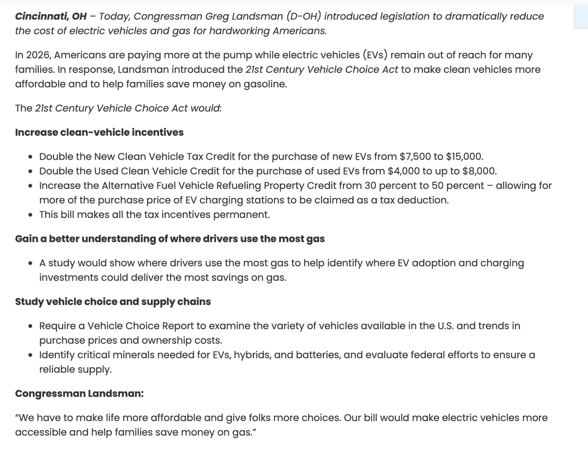 SawyerMerritt's tweet photo. More than 160 House Democrats are backing legislation that would bring back the federal EV credit.

Here's what in the bill proposal:
• Double the EV credit for new EV purchases from $7,500 to $15,000.
• Double the used EV credit from $4,000 to $8,000.
• Lower income thresholds for new EV tax credits:
 - Married filing jointly: $225,000 (down from $300,000)
 - Head of household: $169,000 (down from $225,000)
 - Single filers: $112,500 (down from $150,000)
• This bill would make all these tax incentives permanent.

The legislation was introduced on October 22 and has been referred to House committees. It has not been passed into law and there is no guarantee it will become law.