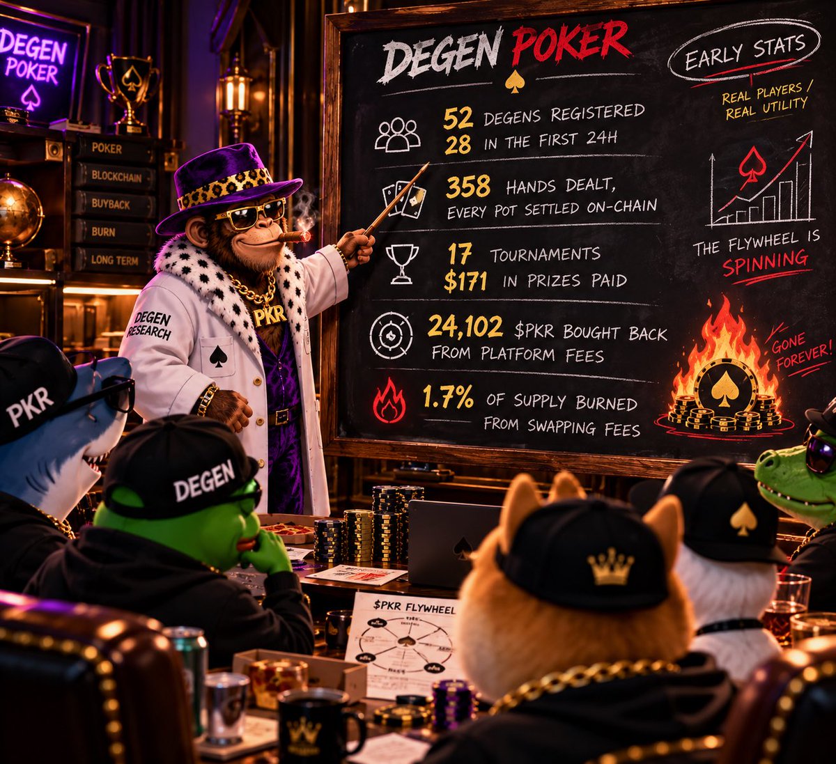 DegenPokerBase's tweet photo. Some stats from the first 2 hours of degen poker: 

👥 52 degens registered — 28 in the first 24h

♠️ 358 hands dealt, every pot settled on-chain

🏆 17 tournaments (including tests) · $171 in prizes paid

🐒 24,102 $PKR bought back from platform fees 

🐸 1.7% of supply burned from swapping fees 

Tournaments are paused for today, will be back tomorrow! 
Schedule going live on the site soon!

Stay tuned, it’s only the beginning!