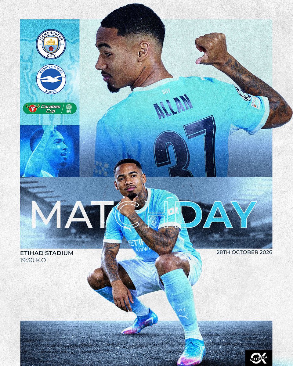 City_Xtra's tweet photo. 𝗜𝗧'𝗦 𝗠𝗔𝗧𝗖𝗛𝗗𝗔𝗬!!!

🏆 @Carabao_Cup
🔁 Fourth Round
🏟️ Etihad Stadium
🆚 @BHAFC 
⏰ 19:30 (UK)
📺 Sky Sports + https://t.co/12fAN7DTA5