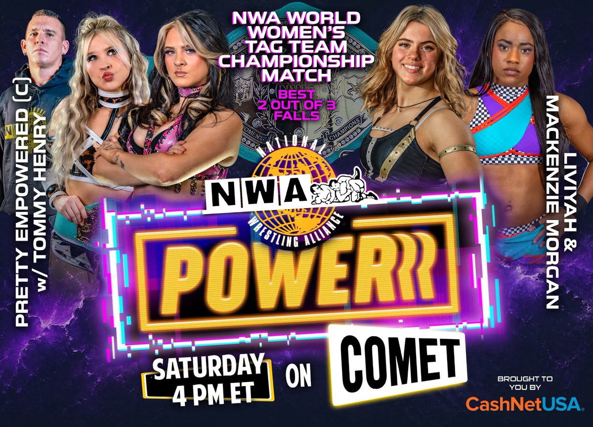 nwa's tweet photo. Two championships on the line, a No DQ Grudge Match and a controversial return are on tap for this week’s all-new 𝙉𝙒𝘼 𝙋𝙊𝙒𝙀𝙍𝙍𝙍, Saturday at 4PM (3PM CT) FREE on Comet! 

⚡️ 𝙉𝙒𝘼 𝙒𝙤𝙧𝙡𝙙 𝙒𝙤𝙢𝙚𝙣’𝙨 𝙏𝙖𝙜 𝙏𝙞𝙩𝙡𝙚 𝙈𝙖𝙩𝙘𝙝 ⚡️
It’s Best Two-Out-Of-Three Falls as champions Pretty Empowered, sisters @KenziePaige_1 & @kyliealexxa, defend against @liviyahpw & @RealMKZMorgan! After tensions flared between the siblings at NWA 78, leaving both tasting defeat, can the sisters put differences aside to win not just once, but 𝙩𝙬𝙞𝙘𝙚?!

⚡️ 𝙉𝙒𝘼 𝙒𝙤𝙧𝙡𝙙 𝙅𝙧 𝙃𝙚𝙖𝙫𝙮𝙬𝙚𝙞𝙜𝙝𝙩 𝙏𝙞𝙩𝙡𝙚 𝙈𝙖𝙩𝙘𝙝 ⚡️
Champion @Hayden_Backlund looks to further cement his family’s wrestling legacy as he goes one-on-one with “The Face” Damian Fenrir @Invinciblewill7.

⚡️𝙉𝙤 𝘿𝙞𝙨𝙦𝙪𝙖𝙡𝙞𝙛𝙞𝙘𝙖𝙩𝙞𝙤𝙣!⚡️
Anything goes when The Federation of Champions’ @SlimetimeTommy & @slimeballsage — The SlimeBallz — look to show former NWA World Tag Team Champions Blunt Force Trauma just how ugly things can get in SlimeBall City!

⚡️After his NWA Worlds Heavyweight Championship challenge at NWA 78 ended in controversy, “The Most Successful Man That’s Ever Lived” @CarsonDrake00 makes his in-ring return to singles competition!

Catch an all-new, action-packed episode of 𝙉𝙒𝘼 𝙋𝙊𝙒𝙀𝙍𝙍𝙍 on FREE TV every Saturday at 4 PM & Midnight ET (3 PM & 11 PM CT). on @WatchComet!

Catch up anytime on @Tubi.

The National Wrestling Alliance: For over 78 years, where HISTORY LIVES and LEGENDS ARE FORGED!