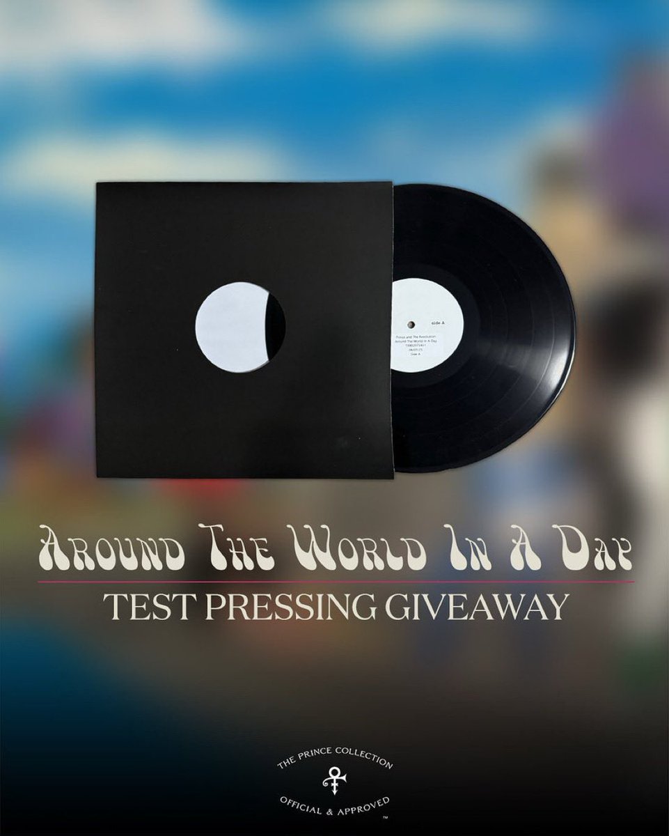 PrinceOnThisDay's tweet photo. The Purple One’s Estate Drops a Vinyl Treasure Hunt: Win a Rare Test Pressing of the 2025 Around The World In A Day Remaster:

On Tuesday, October 28, 2025 at 14:07:47 UTC, the official Prince account (@prince) posted a simple but irresistible invitation to the Purple Fam:
“Sign up for a chance to win a vinyl test pressing of the 2025 Remastered Edition of Around The World In A Day! 🌎 Enter now at https://t.co/XihhZNPzPk”

The accompanying image showed a stark black vinyl partially sliding from a plain black sleeve, labeled “side A,” set against a soft, dreamy blue-sky backdrop. Below it, the classic ornate lettering of the album title sat above the words “TEST PRESSING GIVEAWAY,” finished with the official Prince Collection seal.

A Collector’s Holy Grail for the 40th Anniversary:
Around The World In A Day (1985) was the bold, psychedelic left turn Prince and the Revolution took right after the global explosion of Purple Rain. Instead of chasing the same purple lightning, they built a swirling, colorful world of “Raspberry Beret,” “Paisley Park,” “Pop Life,” and the title track’s open-hearted invitation to “open your heart, open your mind.” The cover art—painted by Doug Henders on the Purple Rain tour—looked like a psychedelic daydream compared to the stark imagery of the previous album.

For the album’s 40th anniversary, the Prince Estate, NPG Records, and partners delivered the first full remaster (by original mastering engineer Bernie Grundman, with additional work by Chris James), a Dolby Atmos mix, deluxe editions packed with B-sides and remixes, blue marble vinyl, a store-exclusive picture disc, and more. The physical and digital editions landed on November 21, 2025.

A vinyl test pressing of that remaster is pure collector catnip. Test pressings are the early, limited runs pressed to check the cut before mass production. They’re rare, often plain-labeled, and highly prized by serious vinyl fans. Winning one from the official store sweepstakes is the kind of one-of-a-kind score that doesn’t come around often.
The Estate’s Ongoing Celebration
The @prince account has become a steady presence for the estate, sharing anniversary posts, vault-adjacent releases, Paisley Park events, and exclusive merch drops while directing fans to https://t.co/hlp3ee2jEH. This giveaway fit that pattern perfectly: a low-key but targeted promotion that rewarded the most dedicated collectors while driving traffic (and email/SMS sign-ups) to the official shop.

The post itself was modest in engagement by the account’s standards—around 169 likes, 23 reposts, and roughly 9,500 views—but it did exactly what it was meant to do. It put a tangible, limited piece of the new remaster campaign directly into the hands of the fan community.

Forty years on, Around The World In A Day still feels like one of Prince’s most free and adventurous statements. Offering a shot at a genuine test pressing of the 2025 remaster was a fitting way to mark the milestone: not just another reissue announcement, but a chance for one lucky fan to own a piece of the process itself.

The purple legacy continues—one exclusive vinyl, one sweepstakes, and one open heart at a time. 💜