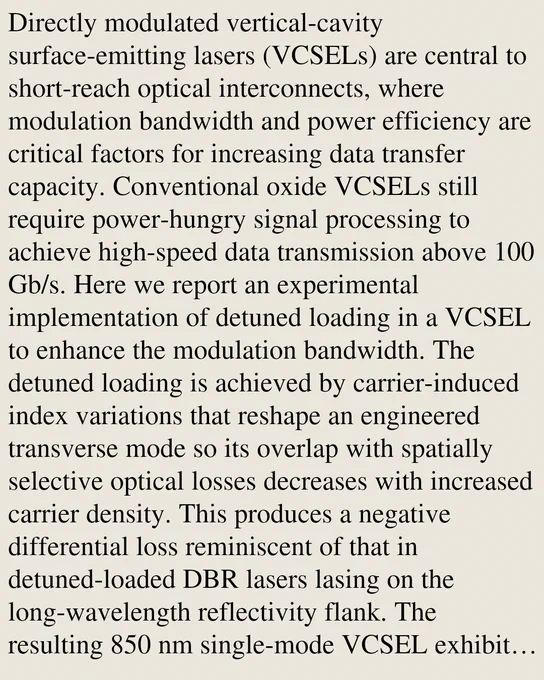Directly modulated vertical-cavity surface-emitting lasers (VCSELs) are central to short-reach optical interconnects, where modulation bandwidth and power efficiency are critical factors for increasing data transfer capacity. Conventional oxide VCSELs still require power-hungry signal processing to achieve high-speed data transmission above 100 Gb/s. Here we report an experimental implementation of detuned loading in a VCSEL to enhance the modulation bandwidth. The detuned loading is achieved by carrier-induced index variations that reshape an engineered transverse mode so its overlap with spatially selective optical losses decreases with increased carrier density. This produces a negative differential loss reminiscent of that in detuned-loaded DBR lasers lasing on the long-wavelength reflectivity flank. The resulting 850 nm single-mode VCSEL exhibits an enhanced carrier-photon relaxation frequency of 44 GHz, yielding a 3dB electrical modulation bandwidth exceeding 50 GHz. The enhancem