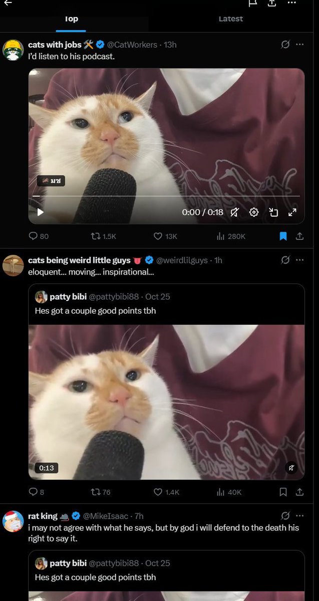 QuantaviousXBT's tweet photo. This cat talking into a microphone is going viral on X, Reddit, and Instagram.

It’s already shown up on my feed 10 times this morning, and it’s past millions of views on every platform.

- Reddit:
 16k upvotes : https://t.co/3PDKuYOrqj

2k5 upvotes: 
https://t.co/L063JaJOjh

- Bunch of X Quotes: 

- Intagram 200k Likes : https://t.co/AI4auYykAj

Simple, funny, instantly relatable. This is the kind of meme that reaches everyone.

PODCAT
https://t.co/XAwzJoWUHy