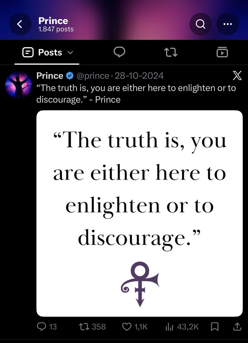 PrinceOnThisDay's tweet photo. “The truth is, you are either here to enlighten or to discourage.”

That single line landed on X on Monday, October 28, 2024, at 5:07:48 PM GMT, posted by the official Prince (@prince) account—the verified legacy page dedicated to celebrating the life and work of the artist formerly known as Prince Rogers Nelson.
The post was pure visual clarity: a stark white field, elegant black serif type, and the unmistakable purple Love Symbol sitting calmly underneath like a signature from the other side. No hashtags. No call to action. Just the quote, attributed simply to “Prince,” and the glyph that once replaced his name entirely.

The Line and Where It Came From:
Prince spoke these words during an MTV interview when the conversation turned to the influence of contemporary music—specifically whether certain artists or genres were having a “negative” effect on young people. The interviewer began listing names and scenes that “get slammed” (hip-hop, Marilyn Manson, Korn). Prince refused the bait.

Instead of naming anyone, he drew a brighter, sharper line:
“It’s very obvious when you hear words and lyrics whether they enlighten or discourage… I’m just talking about the truth. The truth is that you either are here to enlighten or discourage.”
He wasn’t ranking songs or starting a culture war. He was stating a binary of intention. You either show up to illuminate something or to dim it. The choice is visible in the work itself.

The official account has returned to the same interview clip in the years since, pairing the words with video. The October 2024 version, however, stripped everything back to the purest form: text + symbol. It felt less like promotion and more like a quiet reminder left on the timeline.

Why It Still Lands:
Prince spent his career treating music, image, and ownership as moral and creative choices rather than mere product. From the Revolution years through the Warner Bros. battles, the Symbol era, and the independent releases, he consistently framed art as something that either expands the listener or contracts them. The quote is the distilled version of that philosophy—short enough to fit on a card, sharp enough to survive social media.

It also sidesteps the easy trap of ranking other artists. Prince could have joined the chorus of critics. He didn’t. By keeping the focus on intention rather than genre or persona, he left the responsibility with the person making the work (and the person receiving it). That restraint is part of what keeps the line from dating.

In a feed full of algorithmic noise, dunks, and half-formed takes, a clean graphic that simply restates a decades-old principle feels almost radical. The purple glyph underneath doesn’t decorate the sentence; it authenticates it. This is not a random inspirational account. This is the house that still carries the symbol.

The Choice Remains:
Nearly a decade after Prince’s death, the official account continues to surface fragments of his thinking exactly like this—stripped of excess, placed where people will scroll past or stop. The October 28, 2024 post is one of the cleaner examples.
You can read the sentence as advice for artists, for public figures, for anyone who speaks or creates in public. Or you can read it more personally: every post, every conversation, every song, every quiet decision about what you put into the world is a small vote for one side or the other.

Prince didn’t offer a middle path. The truth, as he framed it, is binary.
Sender: Prince (@prince)
Date: Monday, October 28, 2024
Time: 17:07:48 GMT
The graphic is still circulating. The choice, according to the man who signed it with a symbol instead of a name, never stopped being the point.