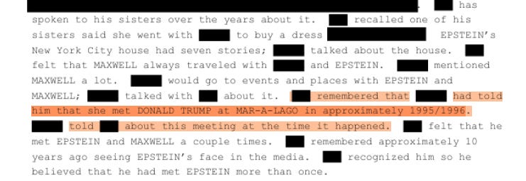 RedPencilScript's tweet photo. “[REDACTED] had told him that she met DONALD TRUMP at MAR-A-LAGO- in approximately 1995/1996.”

FBI interview - EFTA00158610
#EpsteinFiles https://t.co/7gcvfAcS8u