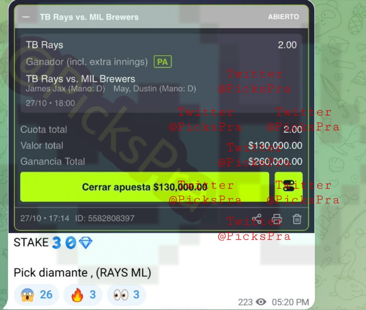 PicksPra's tweet photo. Pick DIAMANTE 💎 STAKE 30 de Zorrito Apuestas 🦊 para la MLB ⚾ 

Apoyen dejando sus likes ♥️♥️ para seguirle 🎁 https://t.co/LdGJRrpmkm