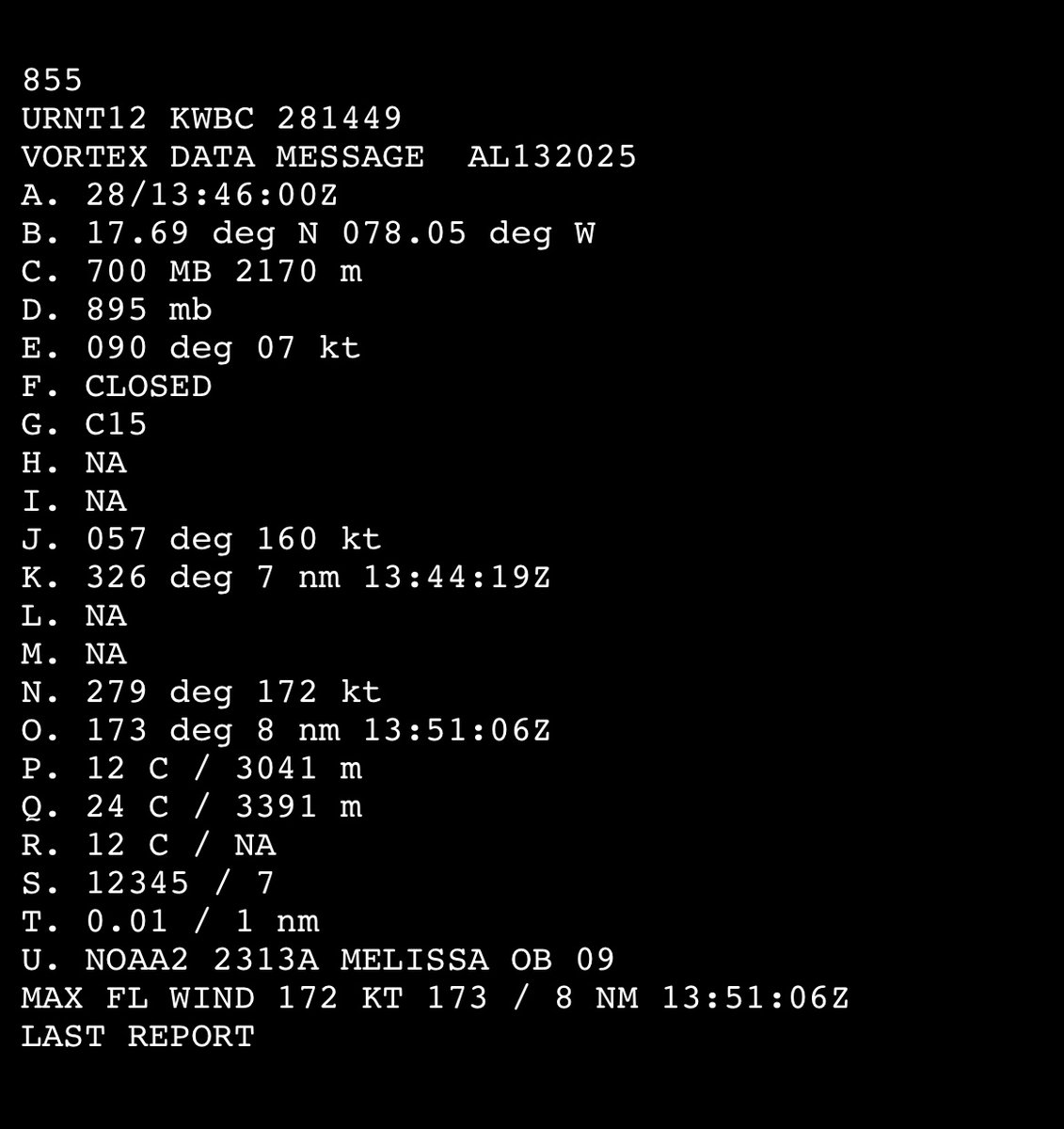 WxProbe's tweet photo. Hurricane Melissa’s Jamaica Landfall: The Official Estimate Versus the Data

The official landfall intensity remains 160 kt/897 mb, which constitutes an official tie for the strongest #hurricane on record in the entire Western Hemisphere.  That figure, however, is simply not supported by the available evidence.  In the following in-depth reanalysis, we reexamine the reconnaissance data, structural evolution, satellite trends, and surface observations to determine the absolute best single intensity estimate at the time of Melissa’s catastrophic strike on western Jamaica.

What the official (NHC) Tropical Cyclone Report requires to retain 160 kt/897 mb

To hold the official landfall intensity of 160 kt/897 mb, the TCR effectively has to: 

* Carry the peak intensity profile and an exaggerated inner-eyewall pressure gradient from the final reconnaissance pass all the way to the time of landfall. 

* Discount the significant satellite degradation — eye filling and progressive cloud-top warming — that became increasingly pronounced after 1500Z. 

* Set aside a straightforward extrapolation of the 2 mb pressure rise already measured between the last two center fixes (892 mb adjusted at 1302Z to 894 mb adjusted at 1346Z) over just 44 minutes, which by itself reaches approximately 904 mb by 1725Z. 

* Treat the New Hope (913.5 mb at 1700Z, 3.5–4 n mi from the center) and Crawford (926.0 mb at 1720Z, 4.6 n mi from the center) readings as if they were not actually taken inside the eye, despite the documented conditions at both locations.  

Producing 897 mb from those surface readings requires radial pressure rises of 16.5 mb over only 3.5–4 n mi to New Hope and 29 mb over just 4.6 n mi to Crawford — gradients of 4–6+ mb per n mi inside the eye.  That degree of steepness is strictly eyewall territory.  Inside the eye, warm subsident air and very low tangential winds produce a near-flat pressure field.  Dropsonde observations routinely show minimal inner-core gradients and approximate gradient-wind balance above the boundary layer (García-Franco et al., 2021).  Recent dropsonde analyses show that inner-eye radial gradients are typically very small — on the order of 1–2 mb or less over several nautical miles.

A Reconstruction Based on Observed Data 

The final reconnaissance pass (ending 1346Z) established a near-flat pressure field inside an 8 n mi RMW and a central pressure of 894 mb (adjusted).  The pressure had already risen 2 mb in the preceding 44 minutes (from 892 mb adjusted at 1302Z). 

The TCR’s description of a 35–40 mb drop from center to the RMW over 5–8 n mi on that pass mixes two different radii: the actual wind maximum was near 8 n mi (VDM max wind 172 kt at 1351Z, dropsondes, and outbound HDOB), while the 5 n mi end of the range comes from a single inbound HDOB at 1344:30Z (extrapolated SLP of 927.7 mb at 5.4 n mi, inside the wind maximum).  The dropsondes on the same pass confirm the surface wall near 8 n mi (927 mb south, 932 mb northwest).  The official range therefore exaggerates the inner-eyewall gradient by treating an extrapolated pressure radius as if it were the RMW. 

A peaked eyewall gradient of the magnitude actually observed demands a relatively flat inner eye — not the 16.5–29 mb rises over 3.5–5 n mi required to reach 897 mb from the New Hope and Crawford readings.  Even in the record-intense Hurricane Patricia (872 mb peak), high-density dropsonde data showed inner-eye differentials of < 2 mb across comparable distances, despite eyewall gradients reaching 24 mb per n mi.  Melissa’s required inner-eye variation far exceeds that precedent.  As the cyclone neared landfall moving at a slow translation speed of 7 knots, Jamaica’s elevated terrain supplied an additional physical mechanism for accelerated disruption of low-level inflow that is typical in a high-end, small-core hurricane (Rogers et al., 2017). 

The only direct measurements of the core in the final hour perfectly track this topographically induced filling trend.  At 1700Z, New Hope Primary School recorded a surface pressure of 913.5 mb at a radar-derived distance of 3.5–4 n mi from the center.  Twenty minutes later at 1720Z, the Crawford (iCyclone) sensor — positioned 4.6 n mi from the center, just inside the inner edge of the eye — registered a pressure of 926.0 mb amidst documented light-to-moderate rain and winds well below hurricane force.  These ground-truth readings are mutually consistent with a rapidly degrading system and are wholly incompatible with a central pressure remotely close to the official 897 mb under the near-flat inner-eye structure documented by reconnaissance.   

Maintaining a standard, near-flat inner-eye pressure field relative to the New Hope data yields a most likely central pressure of 912 mb at landfall.  This satisfies a realistic 1–2 mb gradient across the eye floor and places Crawford right at the naturally steepening inner boundary of the eyewall.  While standard wind-pressure relationships (WPR) might suggest lower wind speeds for a 912 mb storm moving at a slow 7 knots, Melissa’s extreme core contraction — with an RMW of only 8 n mi — allowed it to maintain an exceptionally high pressure gradient parameter even as the storm filled, enabling it to sustain 150 knot Category 5 winds right up to the coast.  

However, a central pressure as low as 910 mb can’t be entirely ruled out as an absolute floor of physical plausibility.   As the southern and eastern eyewall scraped the rugged terrain, severe boundary-layer friction likely induced localized, asymmetric compression of the internal gradient on the peripheral edge of the eye where Crawford was situated.  This land-induced asymmetry can account for a steeper localized gradient to bridge a 910 mb center to Crawford, without requiring a pristine, ultra-intense 897 mb core configuration.  Therefore, while 910 mb represents the baseline's floor, a value of 912 mb/150 kt stands as the most consistent, elegant, and mathematically supported estimate for Melissa’s landfall.  

Hourly Satellite Analysis (BD-Curve Infrared Imagery)

(See the close-up four-panel IR sequence attached to the quoted post for the progression through landfall.)

1200Z (Near Peak) 

The eye is clear and small, with a very well-defined round circular shape.  Immediately surrounding the clear center is a tight, symmetrical sequence of very narrow color strips (blue, yellow, light red/dark orange, and black).  These mark the steep temperature gradient at the edge of the eye and the innermost portion of the eyewall.  Beyond the black strip lies the broader Central Dense Overcast (CDO), which is dominated by white and a light gray shading with intermixed pink areas.  The pink marks the coldest cloud tops contained within the CDO. 

The overall structure is tight and continuous, with no noticeable intrusion of the warmer colors into the eyewall region or CDO.  In short, this is the classic appearance of a high-end Category 5 at or near maximum intensity.

1300Z 

The eye remains clear, small, and well-defined.  The innermost color strips (blue, yellow, light red/dark orange, and black) are still tight and symmetrical.  The primary change from 1200Z is modest warming within the surrounding CDO: the white shading immediately outside the black eyewall strip has expanded into more light gray.  Pink areas are still present, but slightly less continuous in the innermost CDO.  This is a subtle early indication of the beginning of structural decline, consistent with the 2 mb pressure rise measured between the final reconnaissance fixes.  

The overall presentation, however, remains that of a high-end Category 5.

1400Z 

The eye remains clear and well-defined. The innermost color strips are still present and remain relatively tight.  Further warming is now visible in the CDO immediately outside the eyewall.  Darker gray tones have developed closest to the black strip, and the light gray has expanded outward.  This is the first noticeable encroachment of warmer colors toward the eyewall region.  

These changes are consistent with the aforementioned weakening observed between the final reconnaissance fixes (1302–1346Z) and marks the beginning of more evident structural decline from the peak presentation.  

1500Z 

The eye remains well-shaped, but has continued to become less sharply defined than at peak.  The innermost color strips have begun to lose definition: the red ring has expanded and overtaken portions of the black band, and warmer tones are appearing closer to the eye.  In the surrounding CDO, warming has also continued.  Darker gray tones have expanded around the eyewall region, with intermixed black splotches.  The light gray has become even more extensive.  

This represents a clear continuation of the structural decline that began after 1300Z, featuring the first evident degradation of the eyewall color strips themselves.

1600Z 

The eye remains relatively well-shaped, but has lost further definition.  The innermost color strips outside the blue and yellow have warmed substantially: black has overtaken much of the previous red, red has moved into the former black band, and black has replaced darker gray farther outward in the CDO.  Warming of the surrounding CDO has continued, with darker gray and black tones more extensive around the eyewall region.  

This interval coincided with the outer edge of the eyewall first reaching the western Jamaican coast around 1515Z.  The topographically driven structural decline is now well established.

1700Z (Final Approach) 

As the eye makes its final approach and the RMW in the northeastern eyewall moves onshore over southwestern Jamaica, the satellite presentation shows far more dramatic deterioration.  The eye has lost significant definition and shape; it is smaller and more cloud-filled.  Warming has continued throughout the CDO and is most pronounced in the eyewall region.  Each of the color strips immediately around the eye has warmed, with the colors bleeding into one another.  None retains a solid, well-defined strip.  The red band that was once tight and continuous is now significantly distorted.  

This marks a clear acceleration of the structural decline as the core heavily interacts with the coastline.

1725Z (Landfall) 

During the final 25–30 minutes prior to landfall, the weakening further accelerated.  The eye has contracted further and is increasingly cloud-filled.  Its once well-defined and symmetrically circular shape is now noticeably distorted.  The same pattern of progressive warming has continued: the innermost color strips have lost additional definition, and warmer tones have expanded further into the eyewall and innermost CDO.  

The presentation at landfall is substantially degraded from the peak structure at 1200Z and is completely consistent with the continued core filling indicated by both the New Hope and Crawford eye surface readings.

Hourly intensity estimates 

Based on the reconnaissance pressures, the measured filling rate, the progressive satellite degradation, and the eye surface readings: 

* 1200Z: 165 kt/891 mb
* 1300Z: 165 kt/892 mb
* 1400Z: 165 kt/895 mb
* 1500Z: 160 kt/898 mb
* 1600Z: 155 kt/902 mb
* 1700Z: 150 kt/907 mb
* 1725Z (landfall): 150 kt/912 mb (plausible localized range down to 910 mb) 

As seen, there is simply no possible basis for the official landfall intensity of 160 kt/897 mb.  Every independent piece of evidence available after the final reconnaissance passes indicates progressive, significant weakening.  The data that exist leave no other conclusion: #Melissa underwent pronounced inner-core weakening and made landfall well below its historic peak.