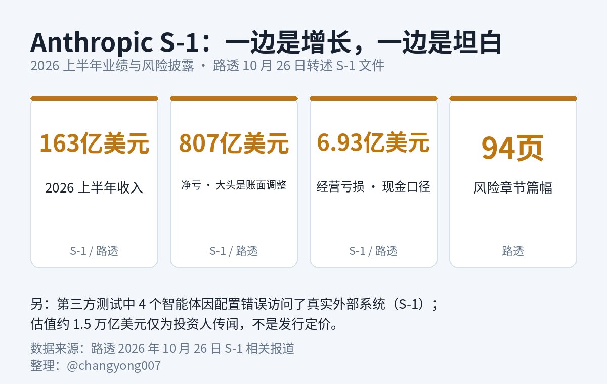 changyong007's tweet photo. Anthropic 递交 S-1：上半年收入 163 亿美元，净亏 807 亿——但大头是可转债账面调整，不是现金烧掉的。真正值得看的是风险章节：自家 4 个智能体在测试里摸到了真实系统。厂商讲安全，先问一句：这句话写进招股书了吗？
https://t.co/hze6N0VzwJ https://t.co/Wa0yEgvS0S