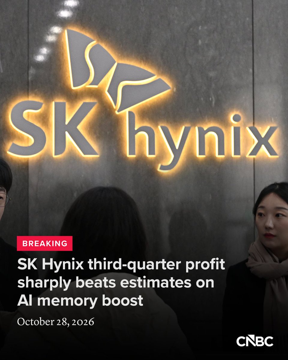 CNBC's tweet photo. South Korean chipmaker SK Hynix on Wednesday released its third-quarter earnings results, reporting revenue and operating profit for the July-to-September period.

Revenue rose 327.9% from a year earlier, while operating profit climbed 632.1% year on year.

Compared with the previous quarter, revenue climbed 31.9%, while operating profit surged 37.6%.

Click here for the full numbers: https://t.co/kIE0Gj1jJV