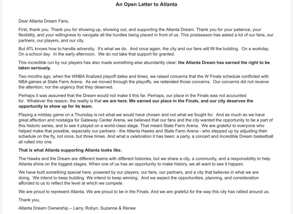 UnderdogWNBA's tweet photo. Dream ownership on arena situation in open letter to Atlanta:

"Two months ago, when the WNBA finalized playoff dates and times, we raised concerns that the W Finals schedule conflicted with NBA games at State Farm Arena ... Our concerns did not receive the attention, nor the urgency that they deserved."
