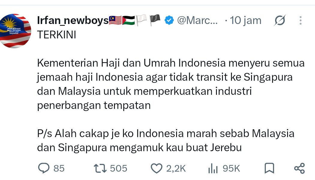 Hnirankara's tweet photo. Nah ini salah satu akun yang bikin proxy war, tapi malah didukung oleh netter TOLOL Indo.

Indo-MY dan Indo-SG itu bentaran doang, ya mending gausah transit di sana lah waktu umroh. Buang2 waktu, buang2 duit.

MY dan SG tuh ibaratnya MOKONDO, dan kelen tau kan cowok MOKONDO kalo udah gabisa begoin ceweknya bakal playing victim? Nah kurleb analoginya kek gitu.

Akun malaydesh itu dah sering recokin Indo sejak bencana banjir bandang Aceh dan Sumatera akhir 2025, ujung-ujungnya ya ada narasi biar Aceh gabung ke MY.

Dih, najis cuih😩