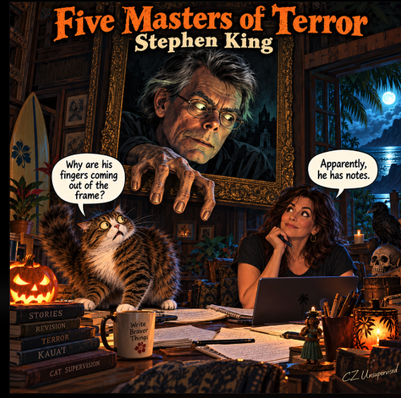 uthorcdswanson's tweet photo. Stephen King knows you’ll turn the page. Let’s examine what he’s holding over you.

First up in my Five Masters of Terror series: fear, pacing, and when to put the entrails away.

Article is up. Pau has requested we skip the practical exercises. 
#SephenKing #WritingCommunity #WritersofX
https://t.co/6JeNGTQGXB