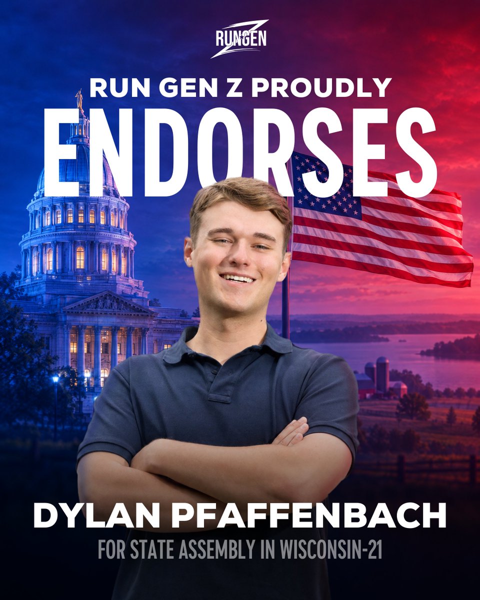 RunGenZ's tweet photo. Meet our 2026 Wisconsin Slate

Run Gen Z is proud to endorse the next generation of conservative leaders running in Wisconsin:

Michael Alfonso · U.S. House, WI-7
Ellen Schutt · Senate District 11
Dylan Pfaffenbach · Assembly District 21
State Rep. Calvin Callahan · Assembly District 35
State Rep. William Penterman · Assembly District 38
State Rep. Alex Dallman · Assembly District 39
State Rep. Nate Gustafson · Assembly District 55
Bradley Petersen · Assembly District 59
State Rep. Chanz Green · Assembly District 74

Swipe to meet them. Election Day is Tuesday, November 3.

See the full slate at https://t.co/BduiUl1xbi