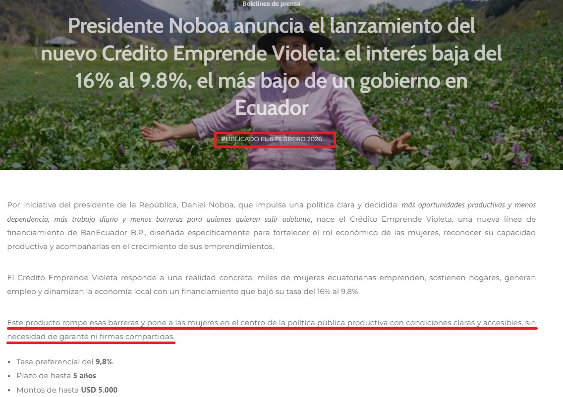 dolarizacionEc's tweet photo. Programa de microcrédito “Emprende Violeta” para mujeres entre 25 y 65 años fue anunciado en febrero 2026 y oficialmente se puso en marcha el pasado 15 de octubre como “Emprende Violeta Micro”👇, el mismo día que se decretó el cuarto período de “Jóvenes en Acción”, a 6 semanas de las elecciones seccionales.

Según el Decreto No. 521, el financiamiento que subsidiará la diferencia entre la tasa de interés nominal anual (9,80%)  y la tasa de interés nominal anual sin subvención (de mercado vigente al momento que se otorgue el microcrédito), saldrá de Presupuesto General del Estado, con cargo a proyecto de inversión del Ministerio de Desarrollo Económico y Productivo (MDEP)

Ni en la página web del BanEcuador, ni en el MDEP hay información respecto al presupuesto asignado o codificado, ni referencia alguna sobre la cantidad de mujeres que se aspira beneficiar con el programa, ahora denominado “Emprende Violeta Micro”.

El programa, según las consideraciones del Decreto 521, se armó y pasó los filtros institucionales en cuestión de semanas, lo cual pone en tela de duda la seriedad con la que se planificó y viabilizó. 

Se dice que este programa de microcrédito de hasta USD 5.000, incluirá cooperación y asistencia técnica de organismos nacionales e internacionales para hacer educación financiera, seguimiento, evaluación, entre otros aspectos, lo cual hace notar, también, las limitaciones de BanEcuador para ejecutar este tipo de programas pretendidos de inclusión financiera de las mujeres...