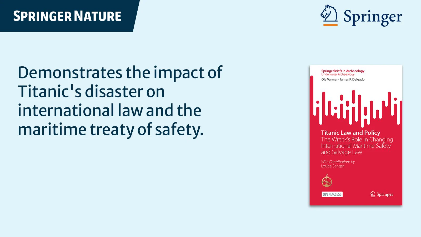 A Springer Nature promotional banner featuring the book cover for \"Titanic Law and Policy: The Wreck's Role In Changing International Maritime Safety and Salvage Law\" by Ole Varmer and James P. Delgado, next to a summary of its focus on the Titanic's impact.
