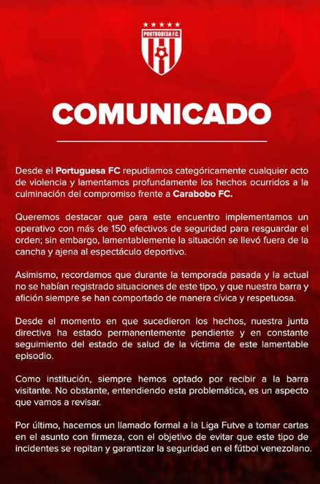 ComunidadFutve's tweet photo. Portuguesa FC se pronuncia sobre los hechos de violencia registrados durante su último encuentro ante Carabobo FC. https://t.co/xMb4LDBBy6