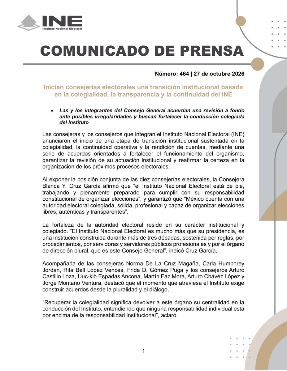 INEMexico's tweet photo. #BoletínINE 📄 | Inician consejerías electorales una transición institucional basada en la colegialidad, la transparencia y la continuidad del INE.

Más información en el siguiente enlace. 👇

🔗 https://t.co/b8eZk28eUE https://t.co/ZrkmjQzyVR