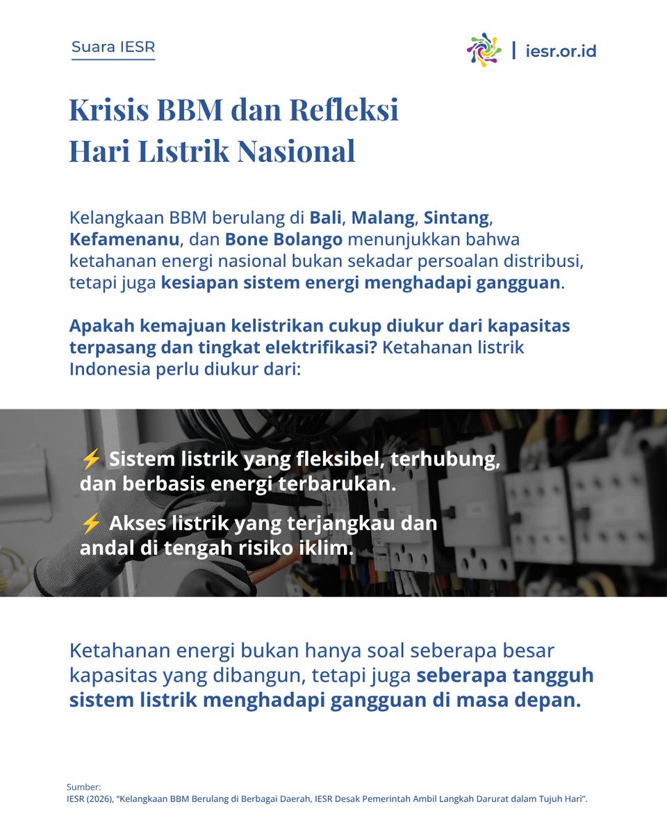 IESR's tweet photo. Di hari ini, kita perlu berefleksi kembali, apakah listrik tersedia, sistemnya tahan terhadap gangguan, dapat diandalkan dan juga bersih, karena #energiterbarukan adalah fondasi ketahanan ekonomi dan energi Indonesia.

Unduh studi kami untuk mengetahui lebih mengenai elektrifikasi yang dapat meningkatkan pertumbuhan permintaan listrik di https://t.co/RNQQNXSnjv 🔗