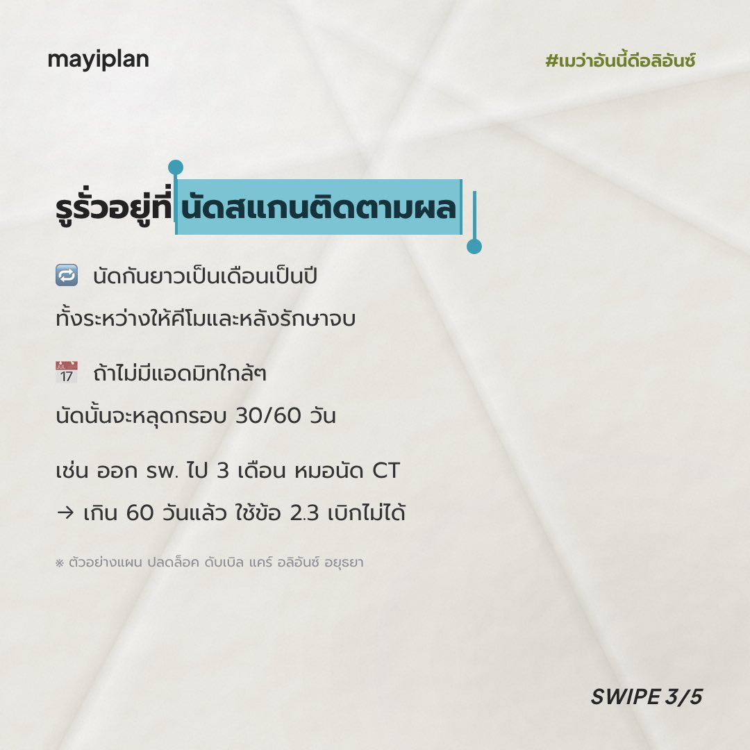 mayiplan's tweet photo. 🤔 มีประกันเหมาจ่ายแล้ว ถ้าเป็นมะเร็ง 
ค่า CTสแกนติดตามผลเบิกได้ทุกครั้งไหมคะ?

💉 แผน ปลดล็อค ดับเบิล แคร์ เบิกคีโม ยามุ่งเป้า 
และฉายแสงได้  ไม่ต้องนอน รพ.

🩻 แต่ CT / MRI / แล็บ เบิกได้เฉพาะช่วง 30 วันก่อนแอดมิท ถึง 60 วันหลังออก รพ.
🔁 นัดสแกนที่อยู่นอกช่วงนี้ต้องจ่ายเองค่ะ https://t.co/EUolsHTm8B