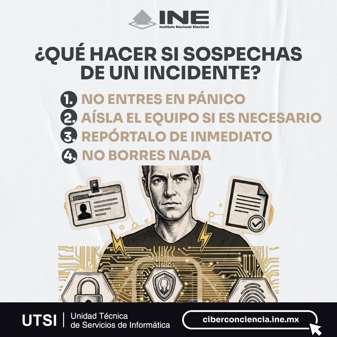 INEMexico's tweet photo. ¿Qué hacer si crees que algo salió mal? 😨 Sigue estos pasos simples y repórtalo por el canal oficial cuanto antes. 

✅ Detectarlo a tiempo puede evitar un problema mayor. 

🧑‍💻 Visita https://t.co/UNAy9VZbwg 

#TuSeguridadCuenta #CiberconcienciaINE #UTSI https://t.co/CZGTyn0zNv