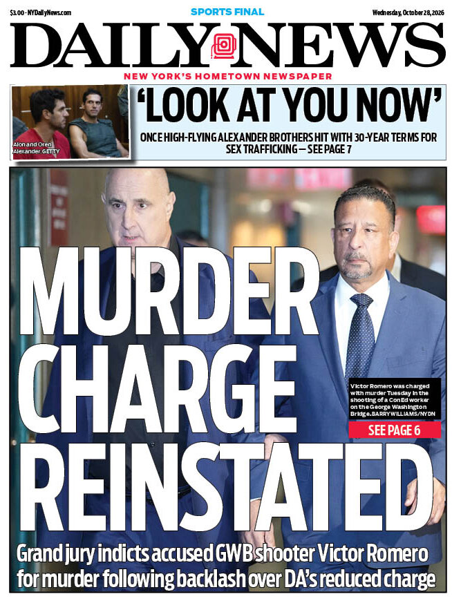 NYDailyNews's tweet photo. MURDER CHARGE REINSTATED
Grand jury indicts accused GWB shooter Victor Romero for murder following backlash over DA's reduced charge
https://t.co/0Tk7MoKbS4

ALEXANDER BROTHERS HIT WITH 30-YEAR TERMS FOR SEX TRAFFICKING
https://t.co/Z5I5yJhKgW https://t.co/cIfCsXvbqO