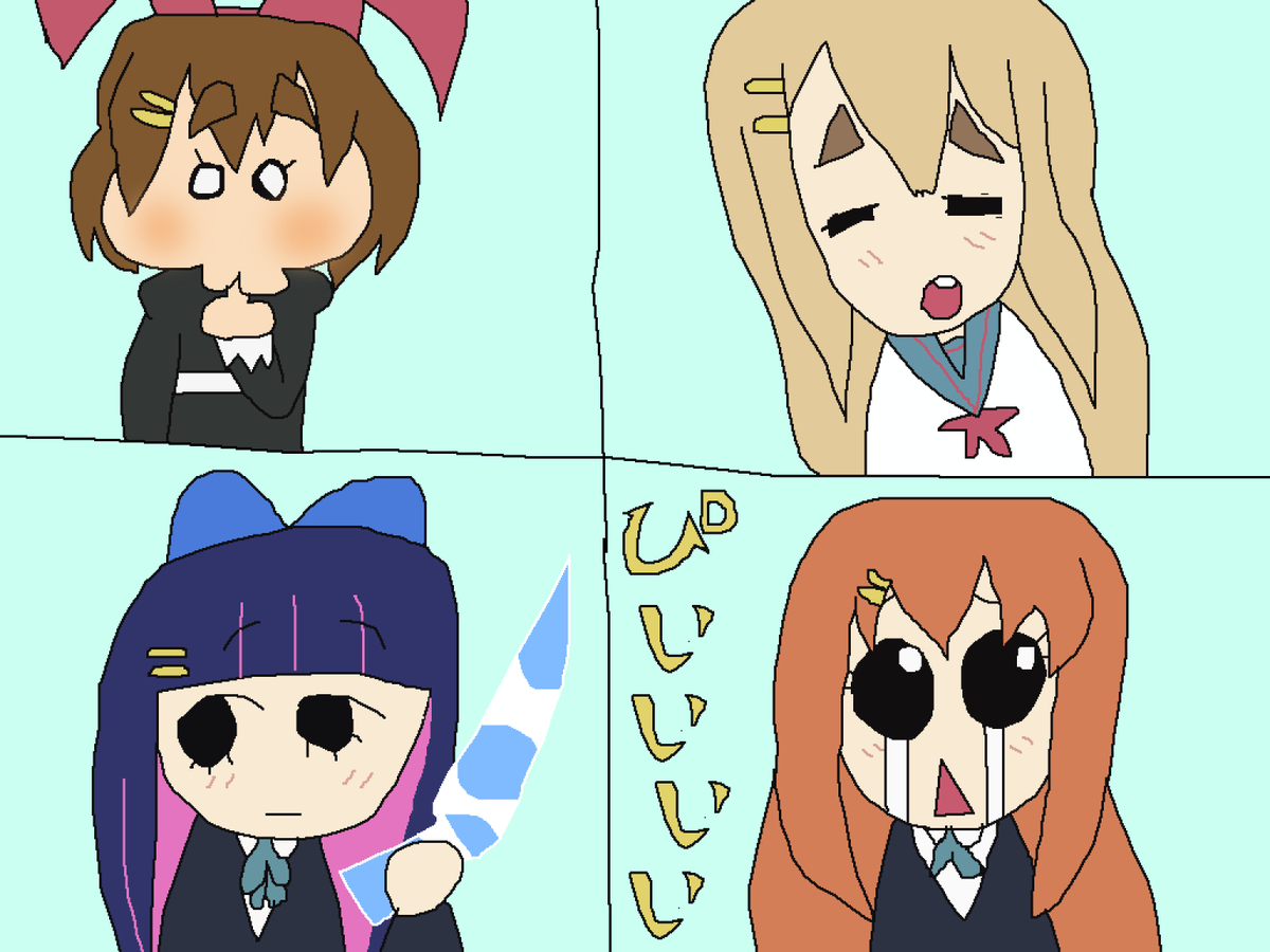 3564Go's tweet photo. My 2 Yui Hirasawa AUs in the Ura-On! style:

The Hirasawa-Kotobuki-Anarchy-Asahina AU and the Yui x Mio Retribution AU https://t.co/azeDSPqX7S